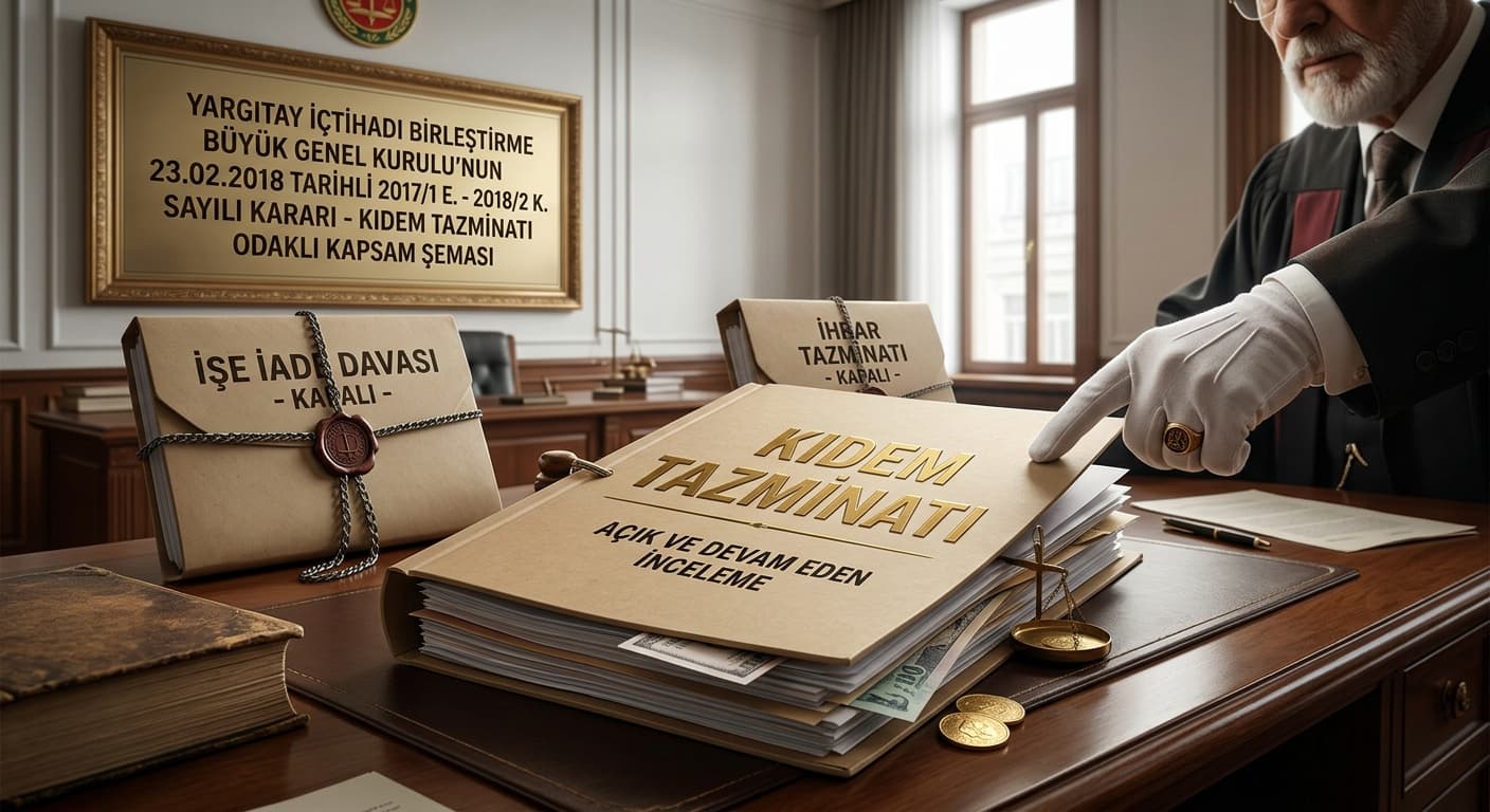 Yargıtay İçtihadı Birleştirme Büyük Genel Kurulu'nun 23.02.2018 tarihli 2017/1 E. - 2018/2 K. kararının kapsamını gösteren şema: işe iade davası ve ihbar tazminatı yönünden karar kapalı, kıdem tazminatı yönünden açık.